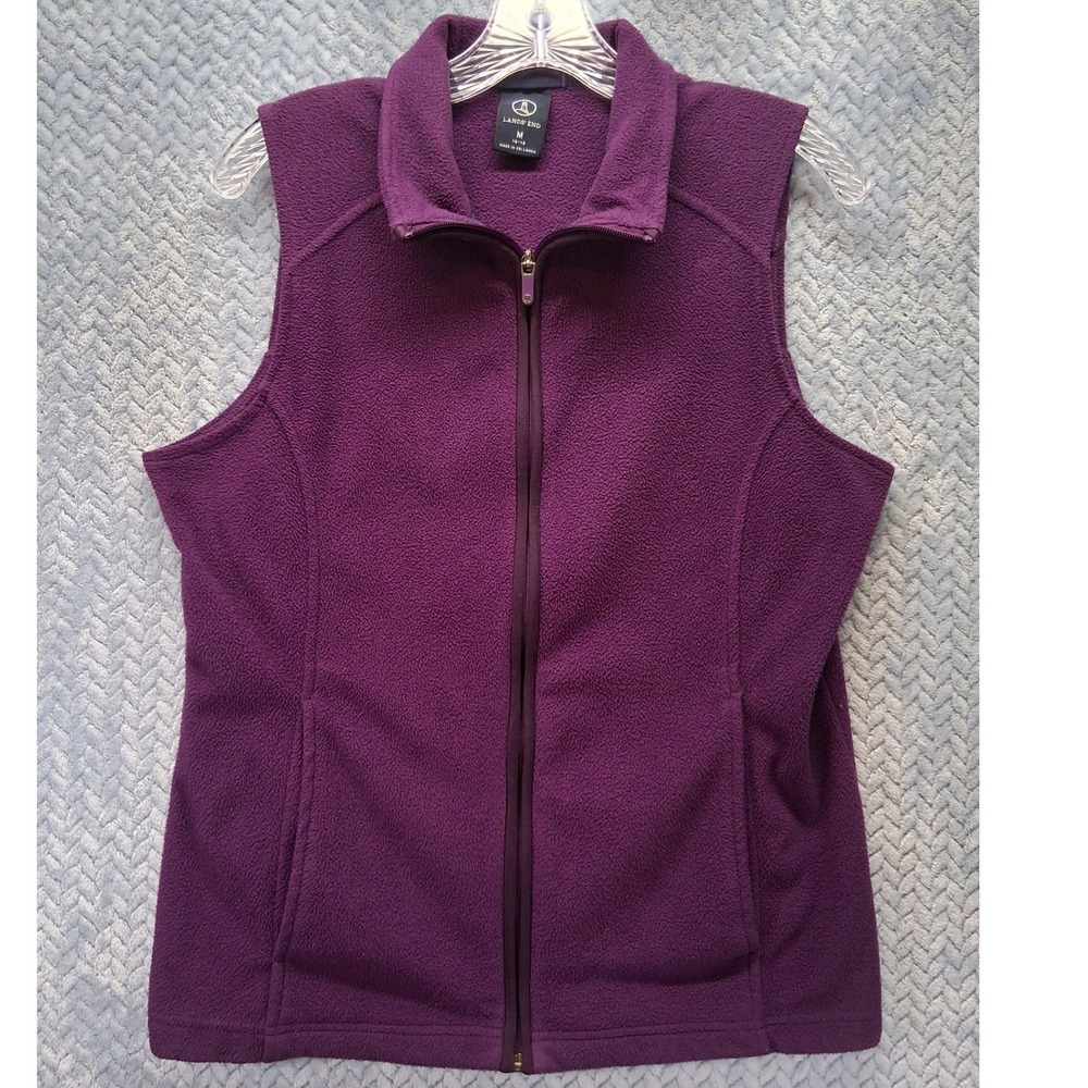 Lands End Womens Fleece Vest Purple Full Zip Sleeveless Jacket Medium 10-12